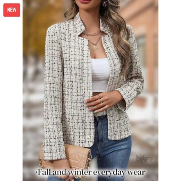 Women's Tweed Blazer Fully Lined Open Front Professional Casual Coat - Picture 3 of 8